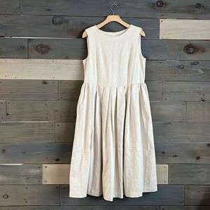 Flax Linen Rayon Blend Sleeveless Pleated Midi Dress L Natural
